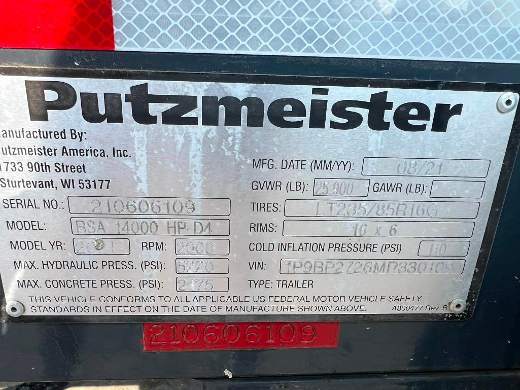 2021 Putzmeister BSA 14000 Trailer Mounted Concrete Pump