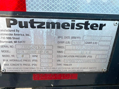 2021 Putzmeister BSA 14000 Trailer Mounted Concrete Pump