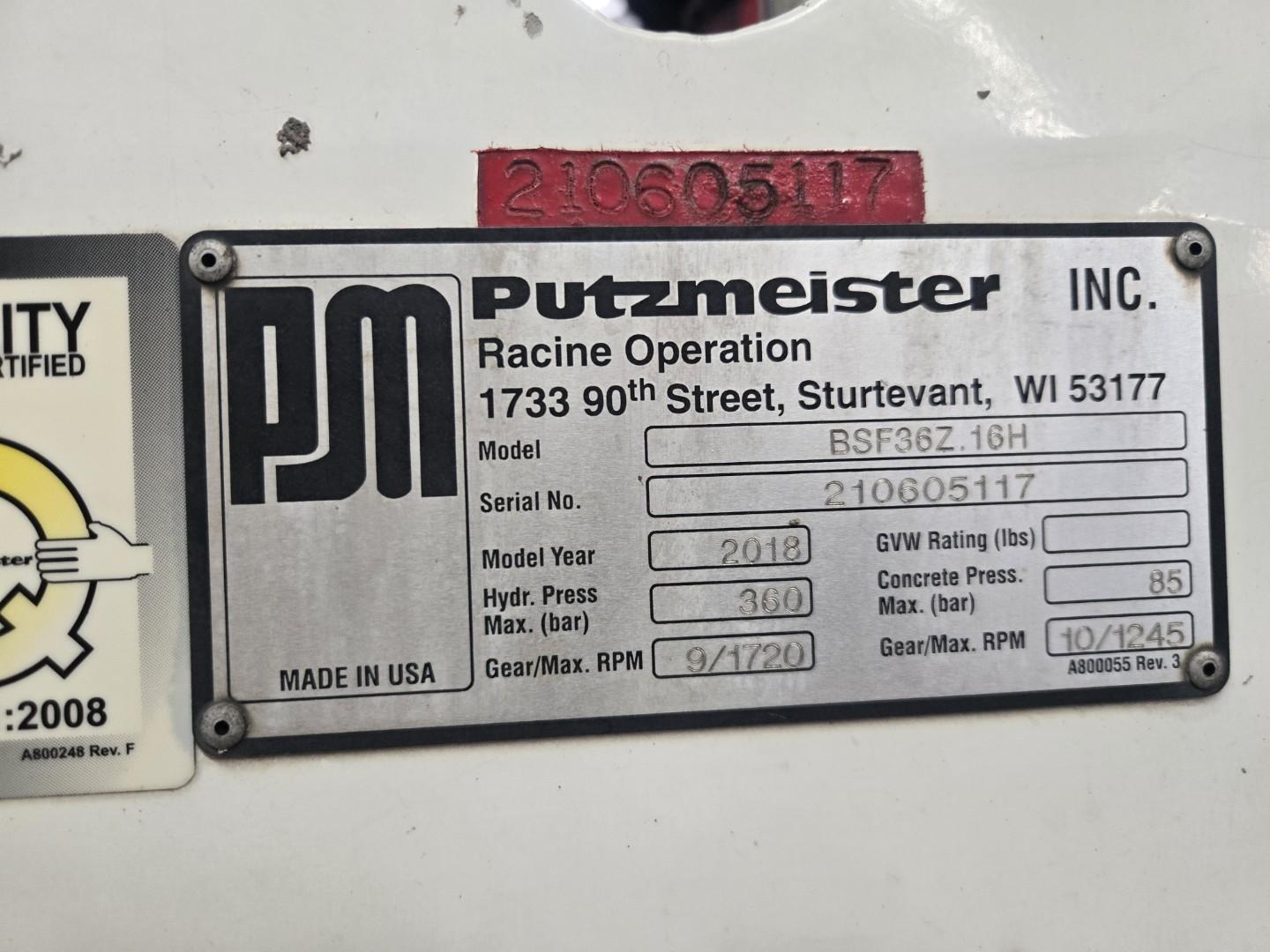 2018 Putzmeister 36m on 2018 Mack MRU613 Concrete Pump Truck